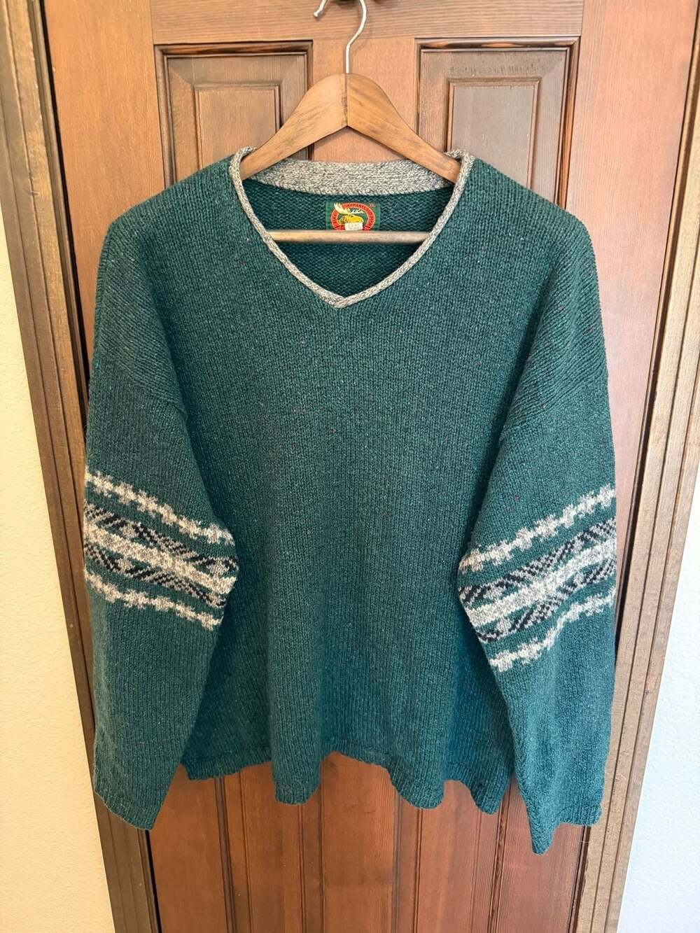 Fine Apparel For Men Vintage Green Wool Blend Fair Isle Sleeve Sweater XL
